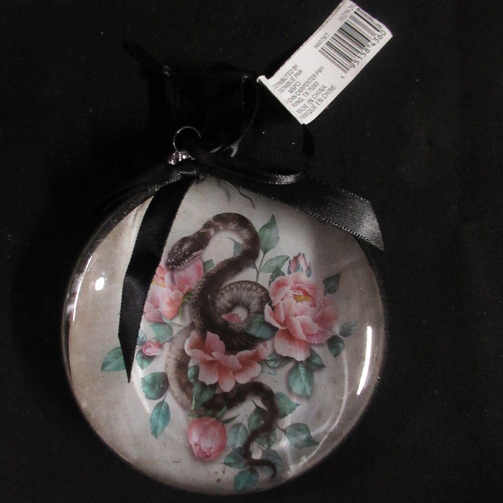 Boho Gothic Witchy Snake / Flowers Round Glass Ornament